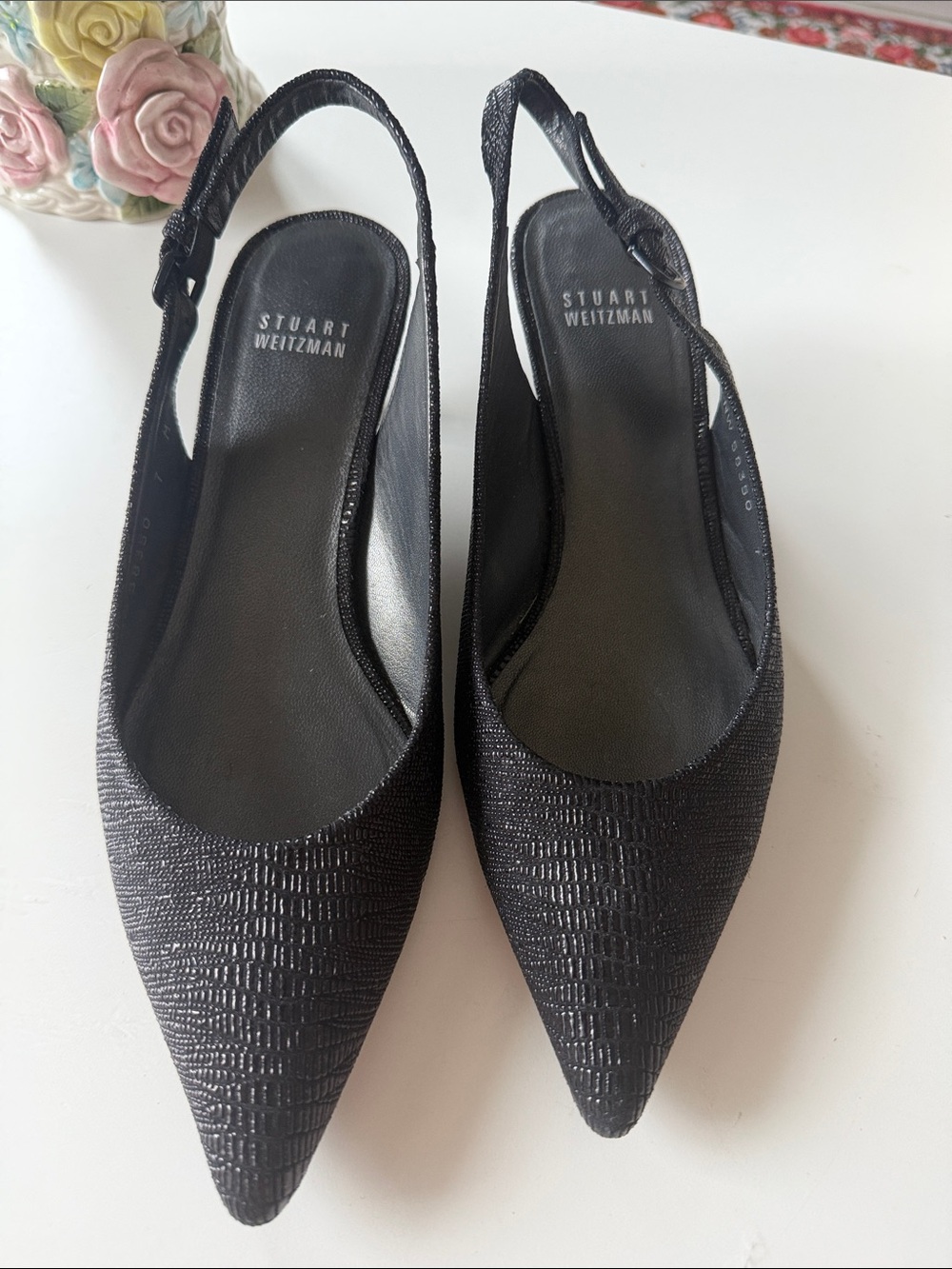 Stuart Weitzman Black Textured Pointed Slingback Flats
